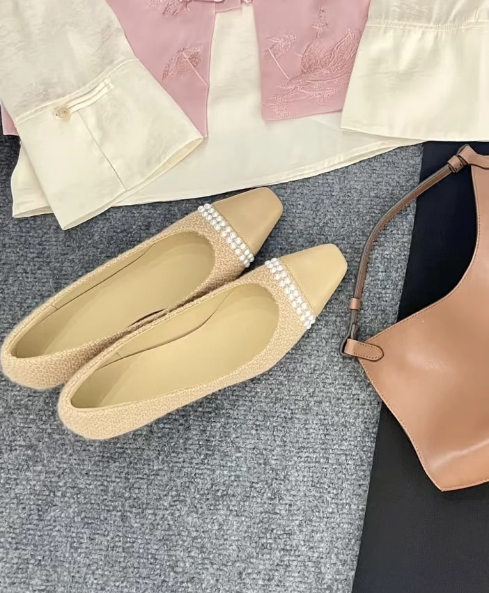 YURONGBIN【名古屋】香港公司订制针织拼接珍珠百搭细跟高跟鞋浅口