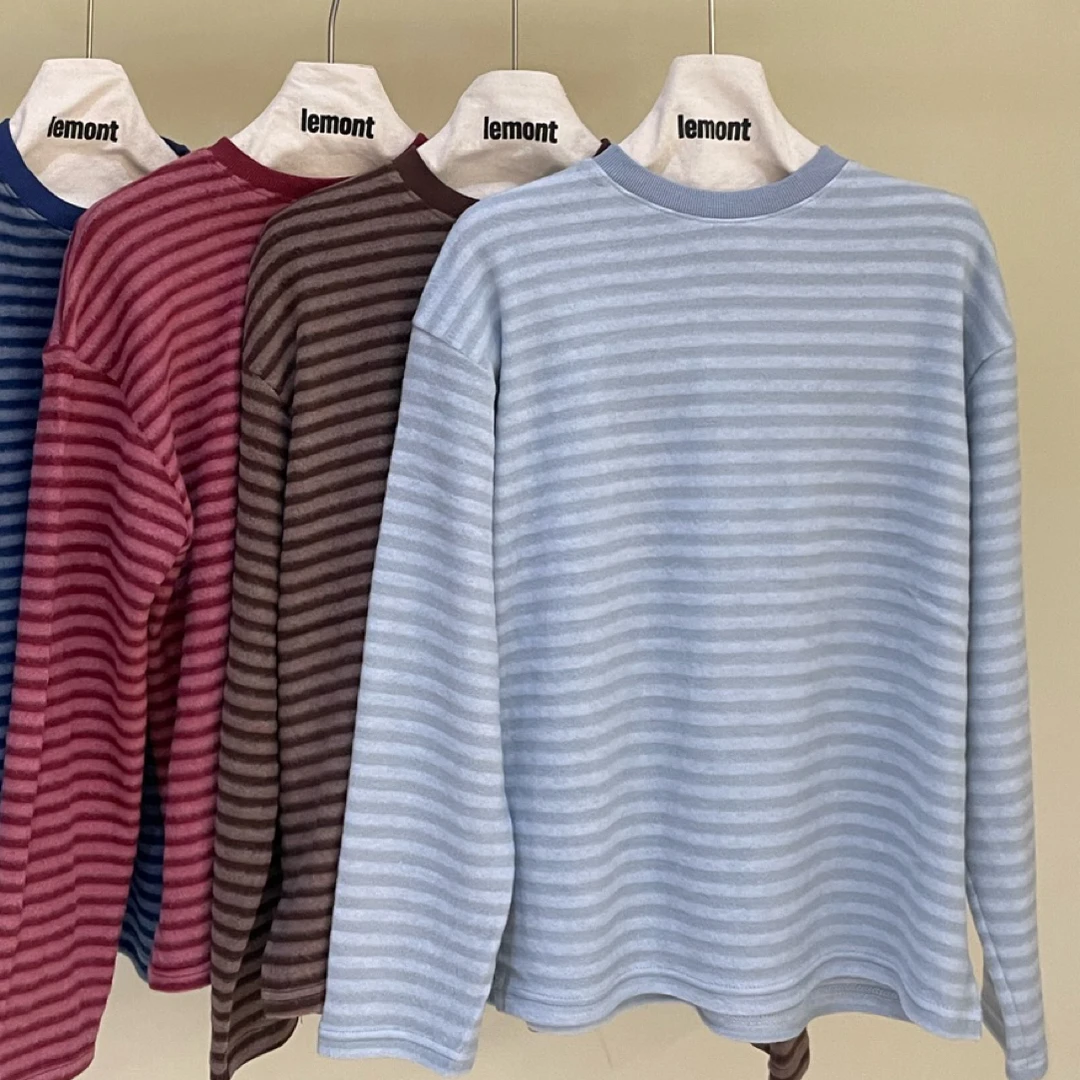 韩系复古慵懒宽松圆领条纹长袖秋季T恤