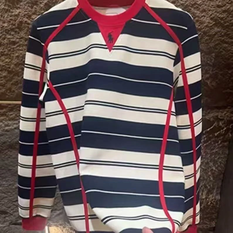 秋季新款男士条纹撞色拼接卫衣时尚户外运动百搭休闲刺绣圆领上衣