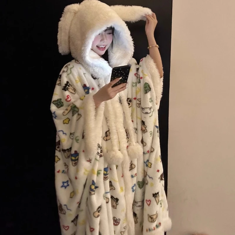 【蜡笔小新】珊瑚绒睡袍女秋冬季加绒加厚连帽斗篷睡衣家居服套装