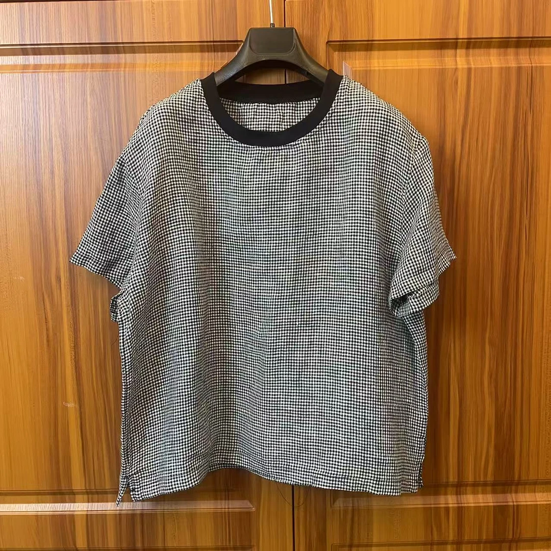 【50玫瑰】汉麻圆领短袖极简风老钱风条纹T恤格纹格子半袖春夏气质