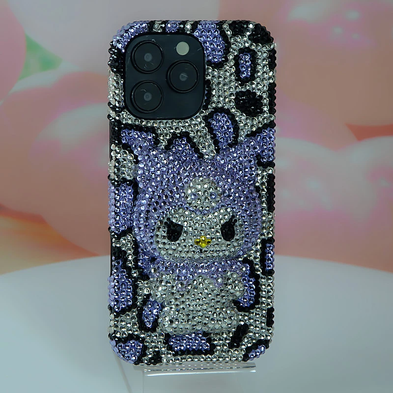 适用网红iPhone15 16proMax镶钻浅紫豹纹库洛米苹果手机壳水钻