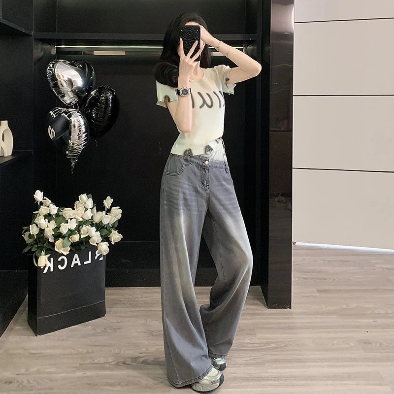 韩系高级感套装女夏季2025新款慵懒风针织短袖T高腰牛仔裤两件套