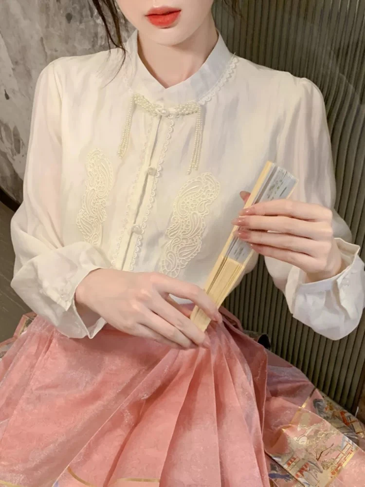 外套蕾丝刺绣长袖女中国风仙气复古汉元素新中式衬衫珍珠立领290