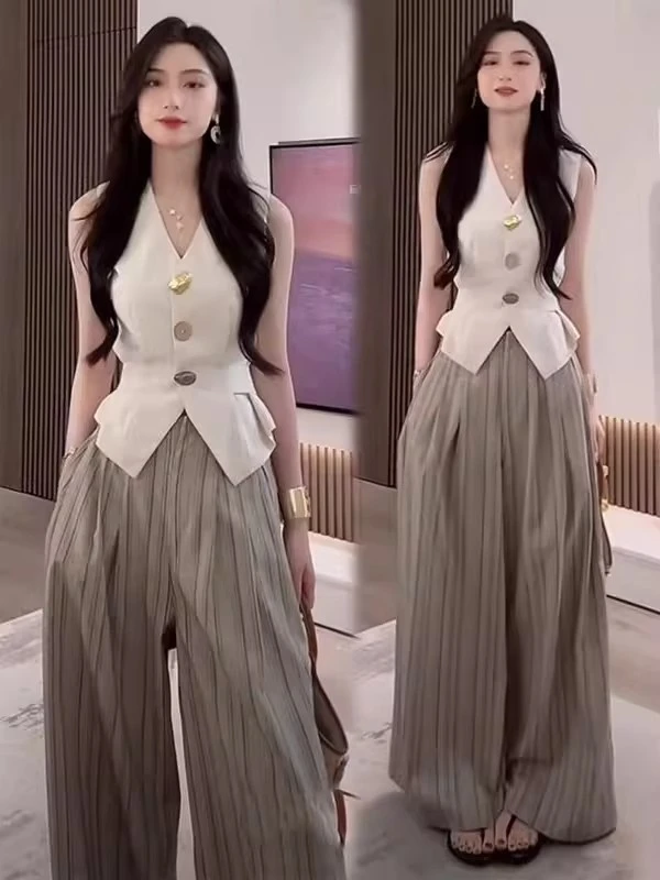 时尚套装女2025夏季新款时髦洋气V领无袖上衣阔腿裤气质两件套潮