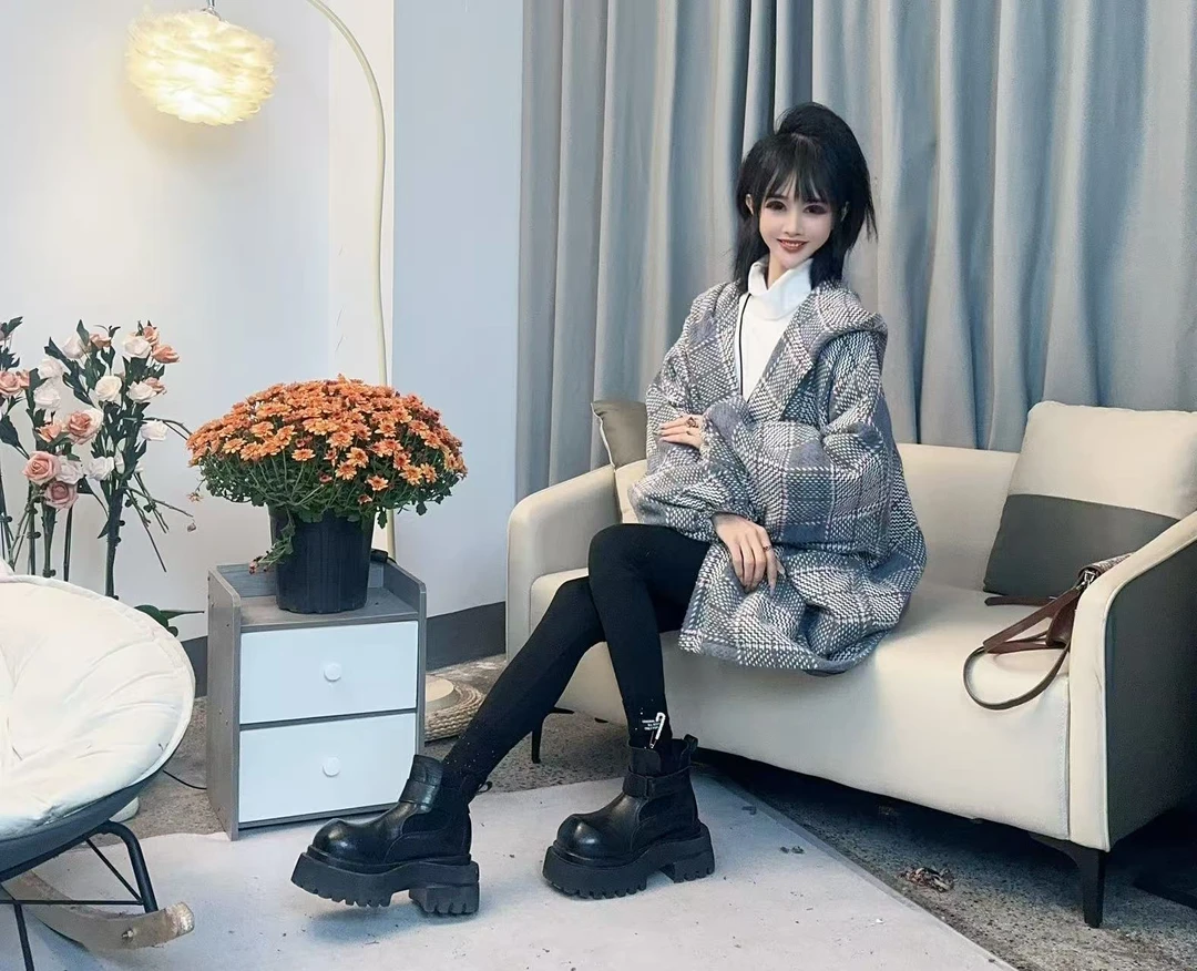 【沐木流浪记】（灵泽）时尚宽松夹棉格子连帽四兜女装棉衣外套z