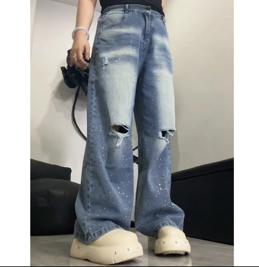 高级渐变满天星破洞高腰显瘦牛仔裤