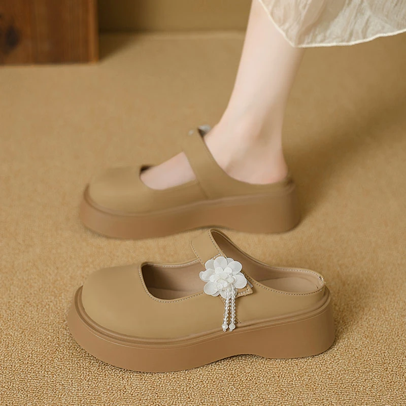 厚底珍珠花朵超火一脚蹬玛丽珍包头半拖鞋女春夏季外穿2025年新款