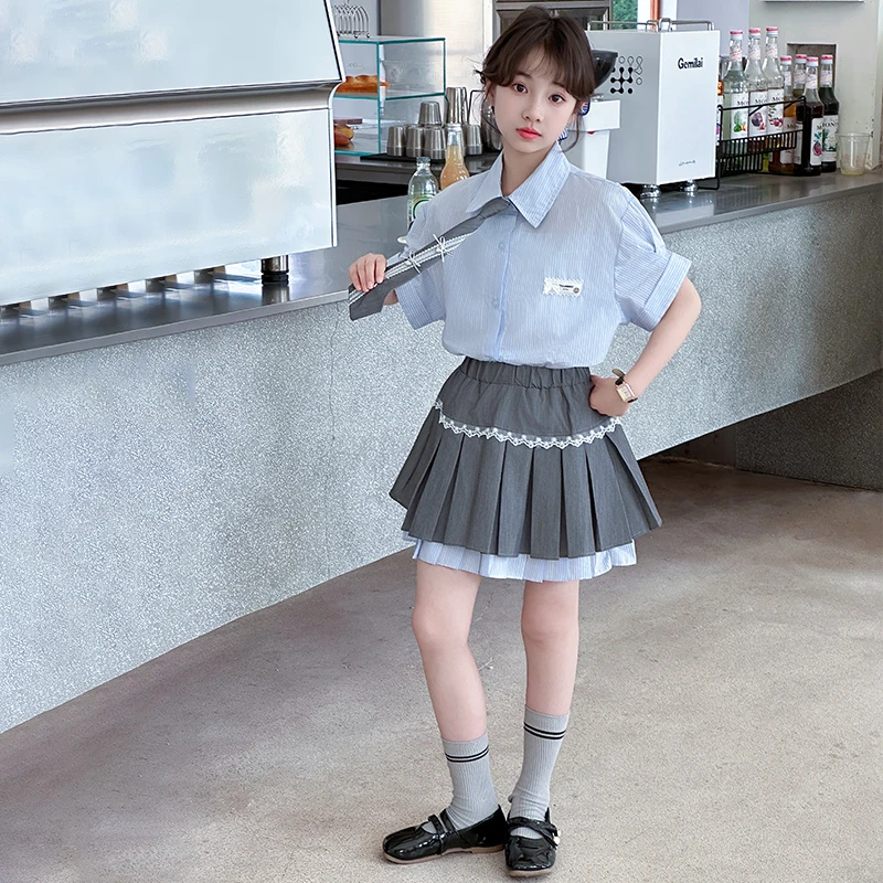 女童学院风套装夏季2025新款儿童夏装衬衫短袖女孩百褶裙子两件套