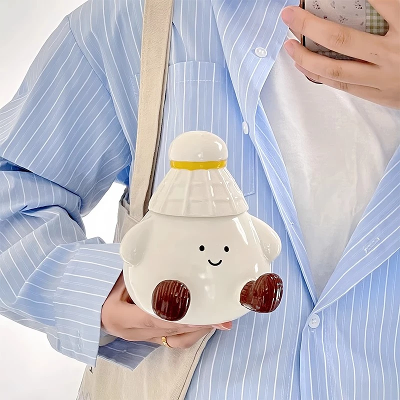 可爱搞怪羽毛球陶瓷马克杯带盖女生高颜值喝水杯子生日礼物伴手礼