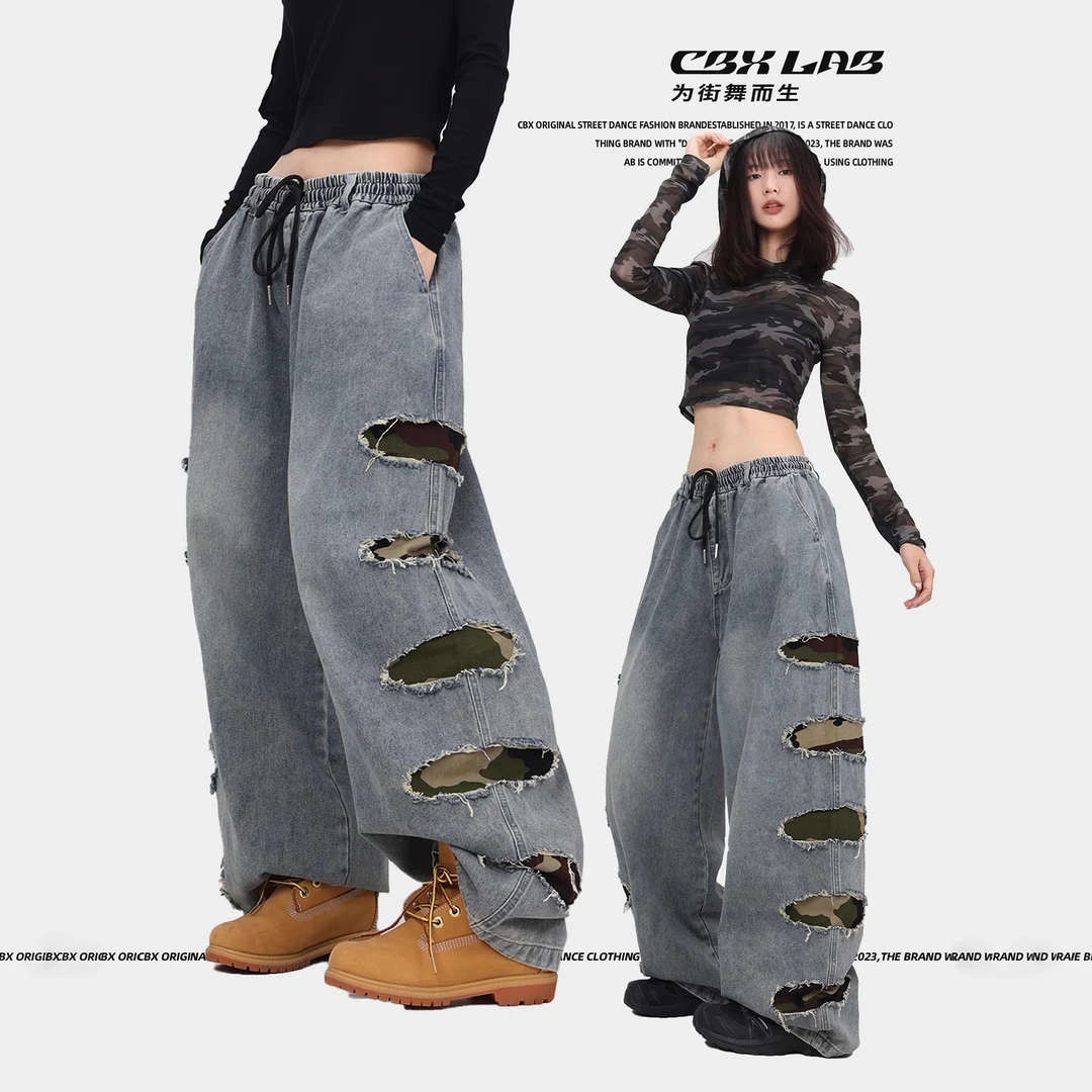 CBXLAB街舞潮牌牛仔破洞迷彩长裤辣妹高腰休闲复古宽松秋设计感