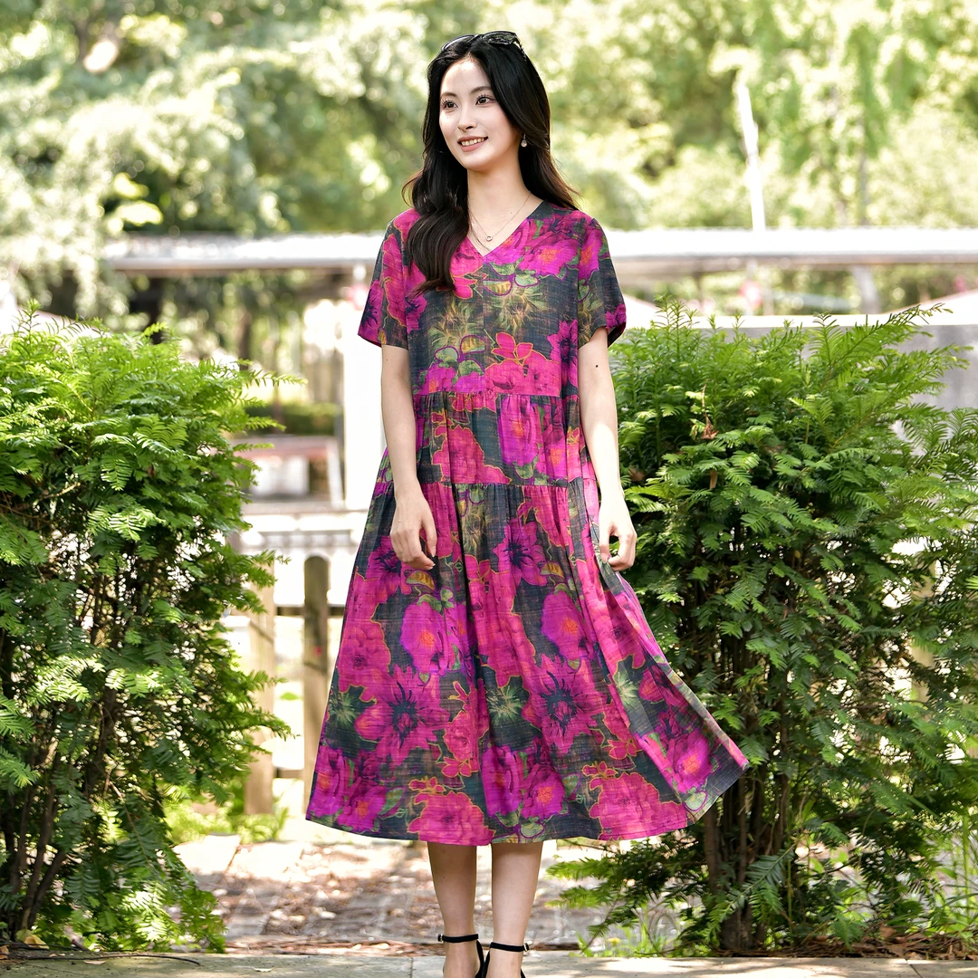 棉绸连衣裙女2025夏季时尚洋气人造棉外穿海边度假中长款宽松裙子