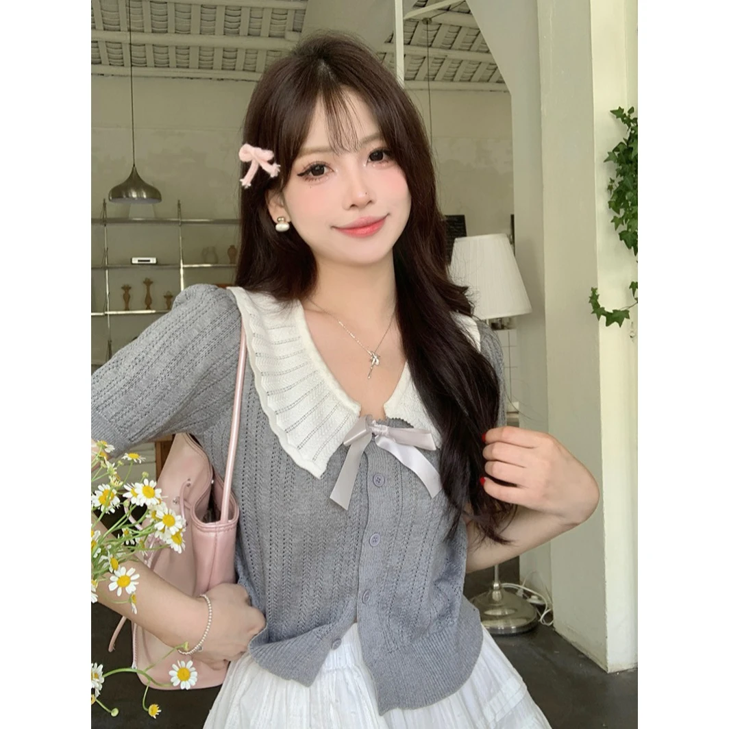 蝴蝶结撞色娃娃领短袖针织衫女2025夏季新款甜美小香风t恤上衣薄