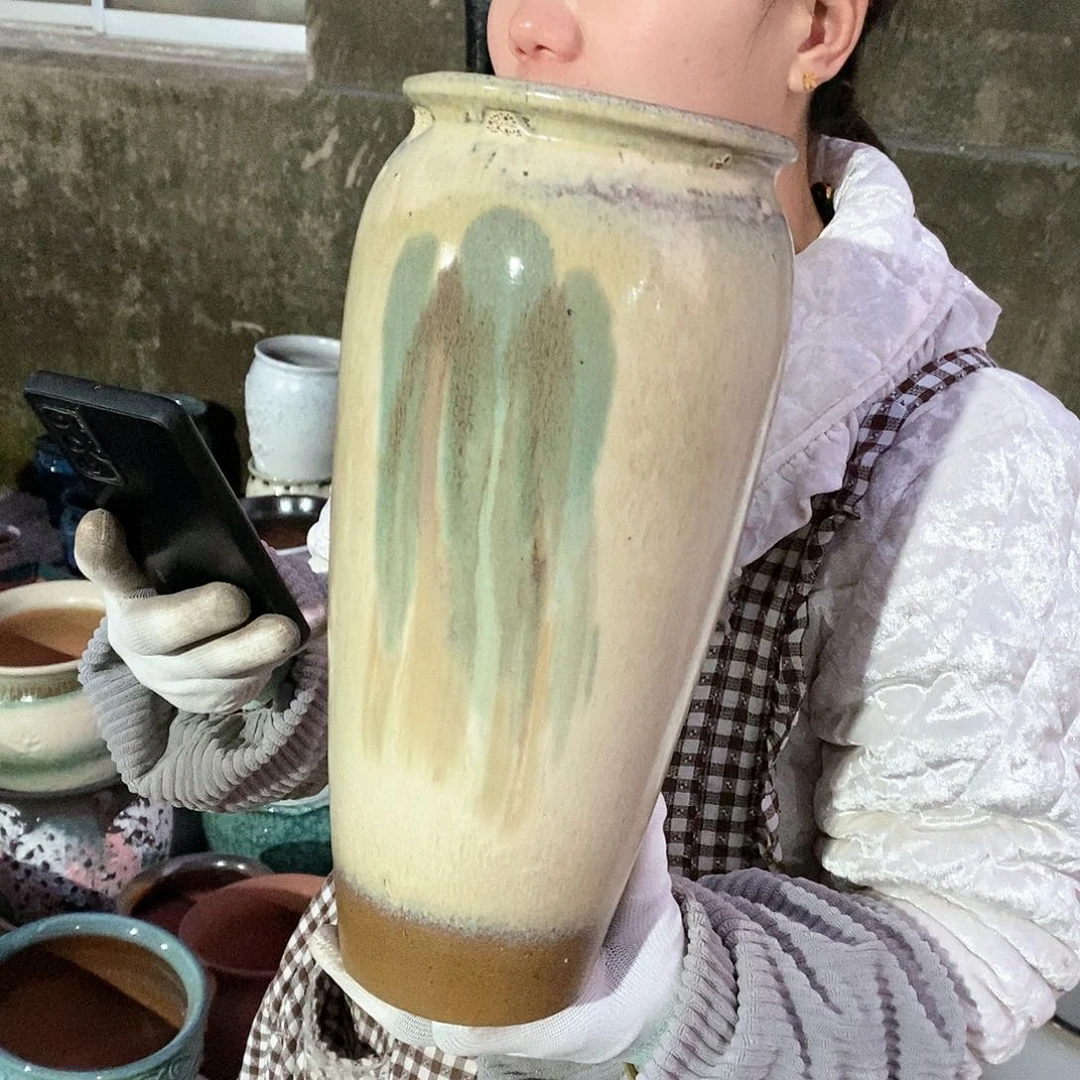 红泥花盆瑕疵口12高31