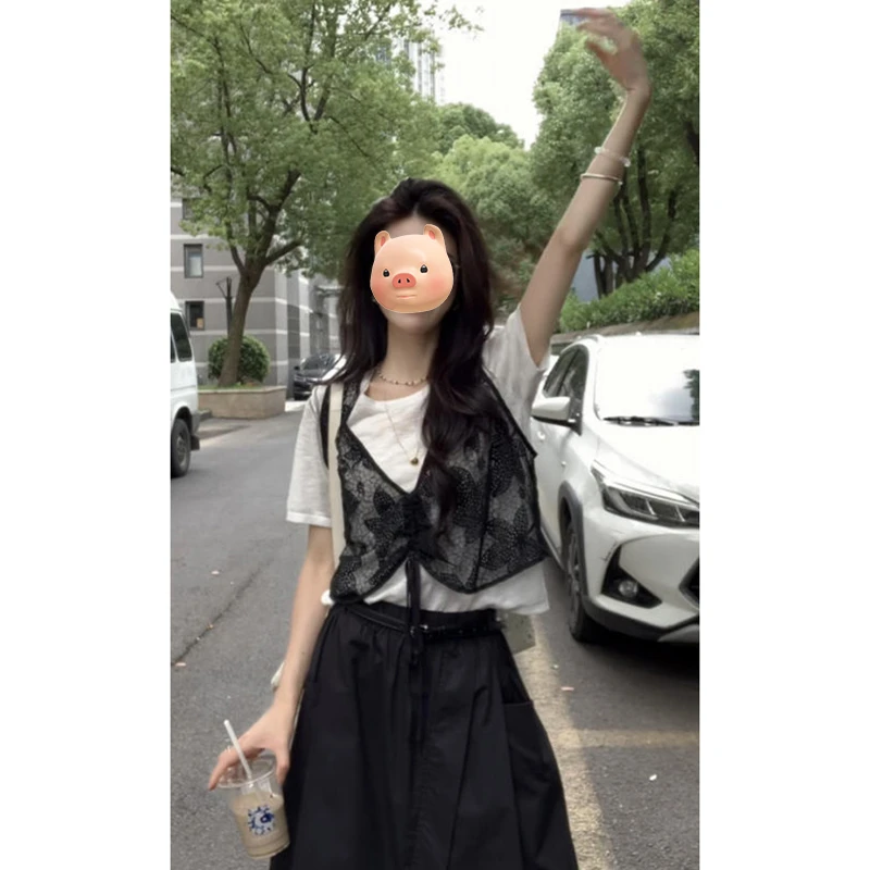 法式网纱拼接撞色假两件针织衫短袖T恤女夏季设计感小众短款上衣