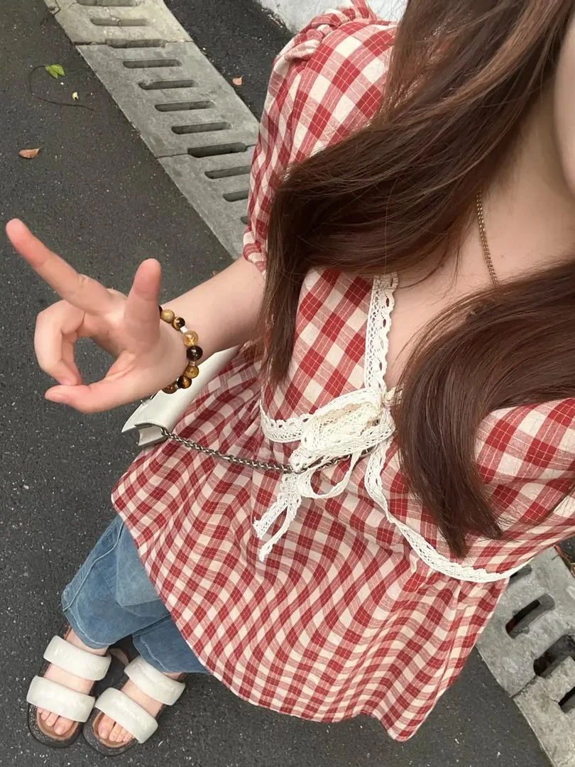 微胖女装蕾丝拼接法式复古格子衬衫上衣显瘦时尚夏季气质洋气