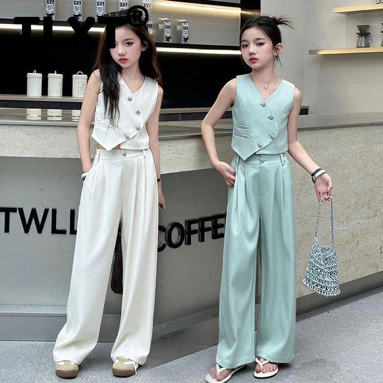 TLXT女童2025年夏季新款韩版撒银小西装不规则马甲套装中大童无袖