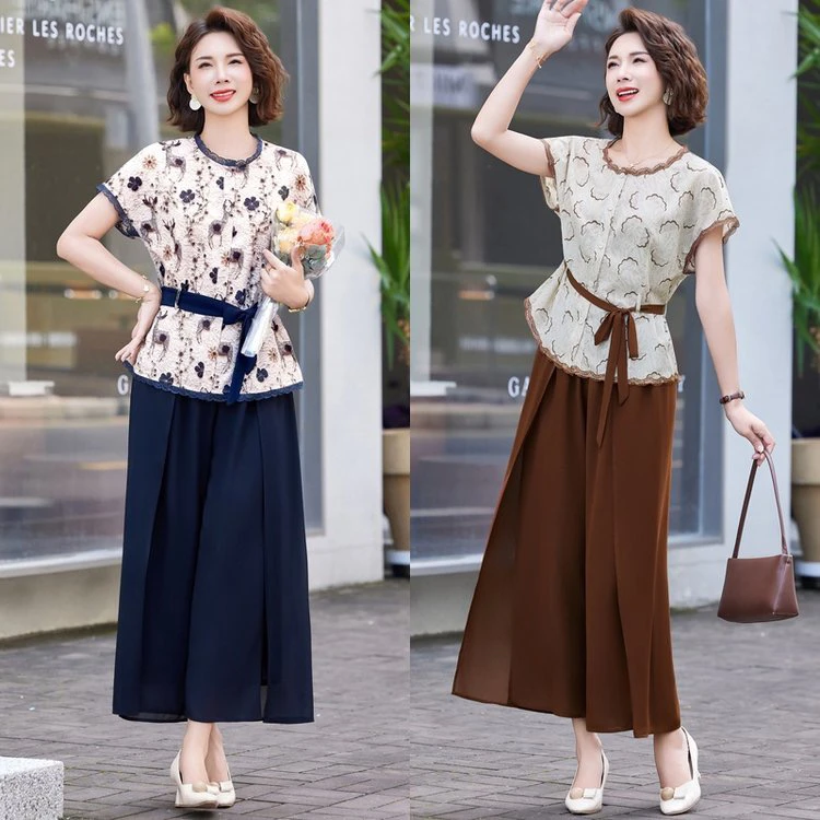 中年妈妈夏季时尚气质宽松新中式短袖小衫套装608