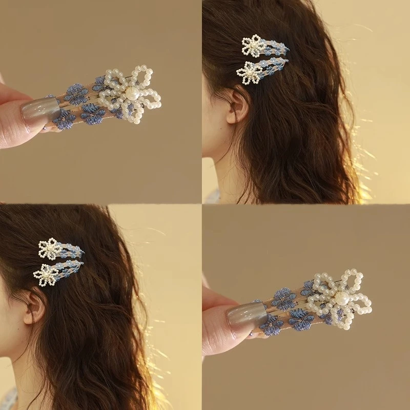 春日串珠花朵发夹女韩式碎花刺绣甜美BB夹侧边刘海夹珍珠发卡头饰