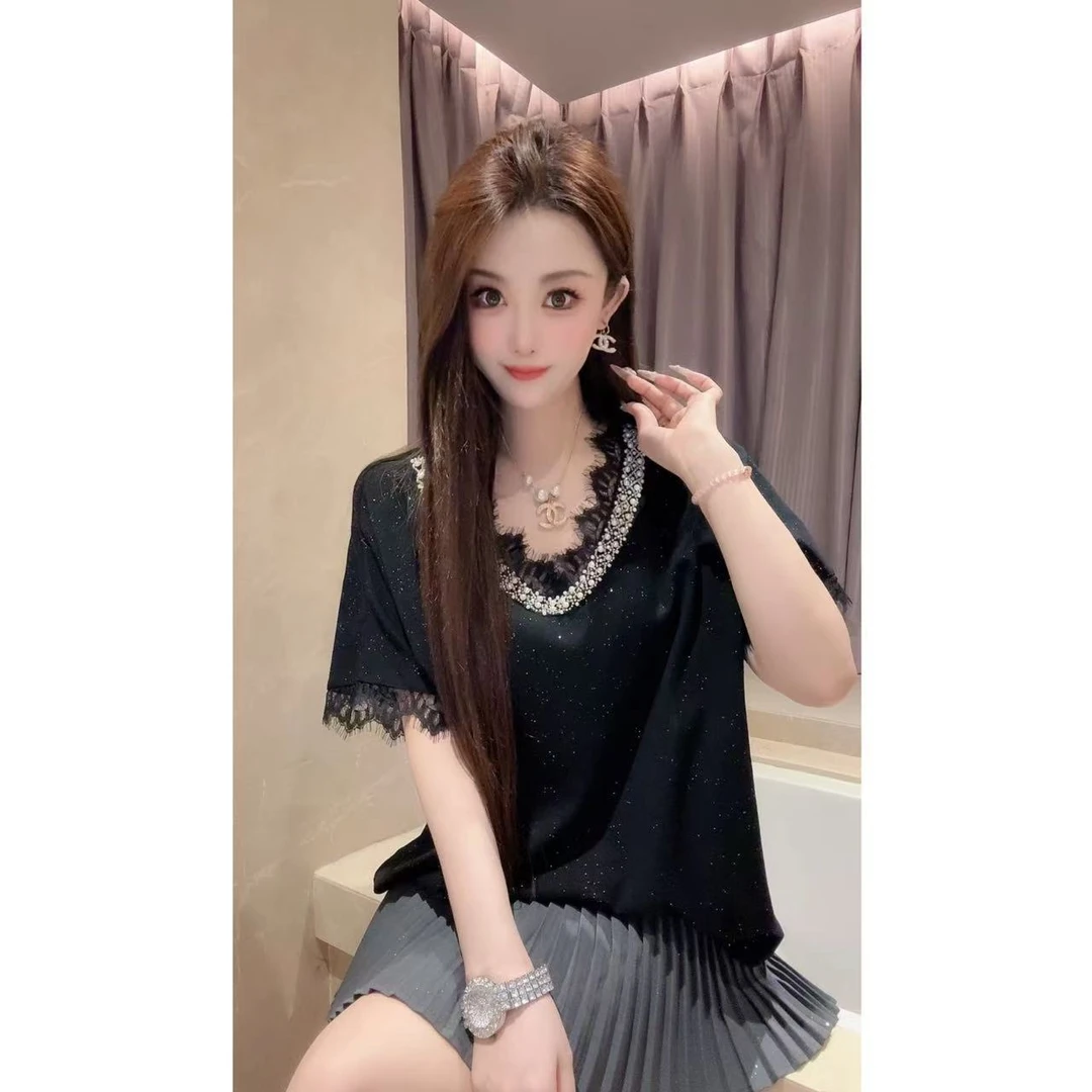 JY&JY橙子大大【尘星】重工钉珠条码拼蕾丝短袖上衣 16289