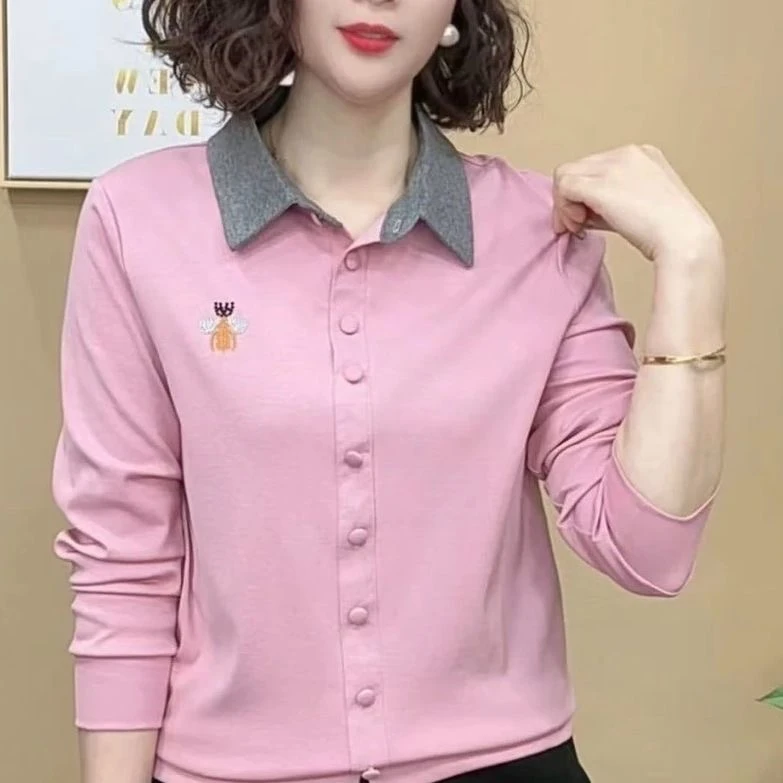 女翻领长袖秋季女士韩版修身T恤时尚洋气春秋大码ol