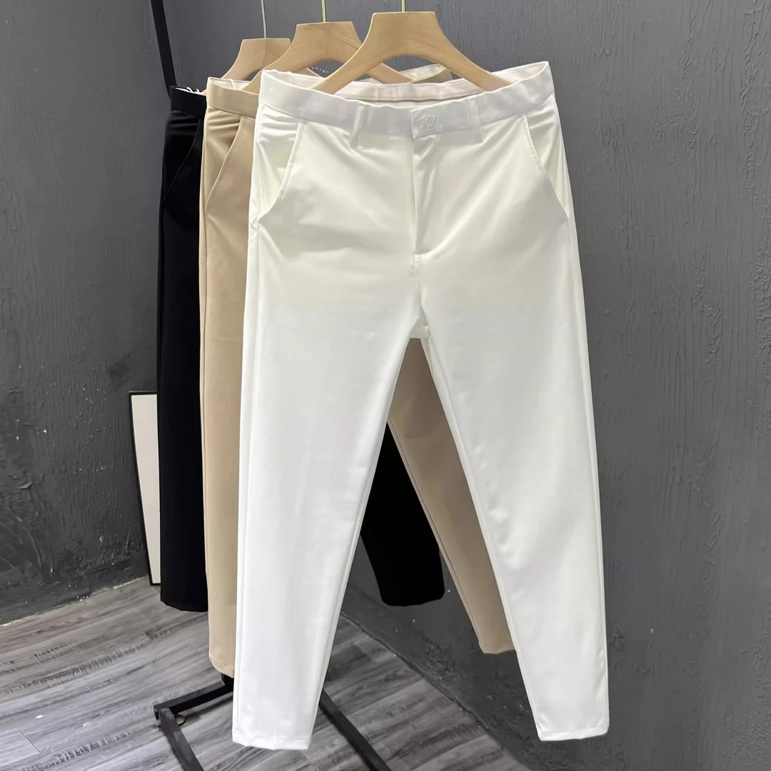 白色九分西裤春秋薄款男士休闲裤弹力修身直筒商务职业西装裤子男
