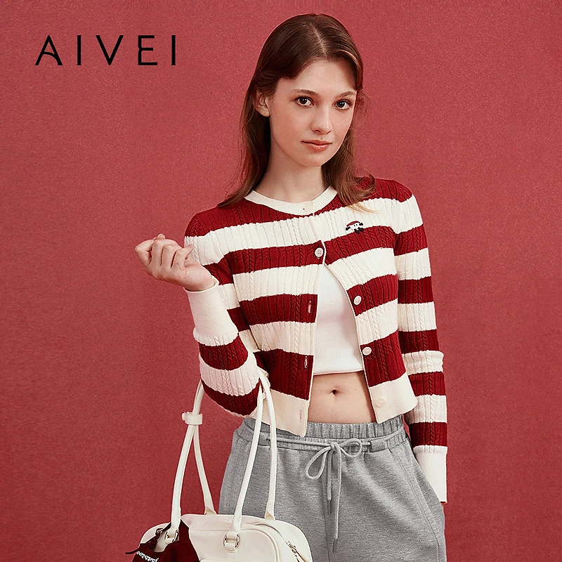 AIVEI欣贺艾薇春季春游复古慵懒爱心撞色条纹针织开衫S713705A