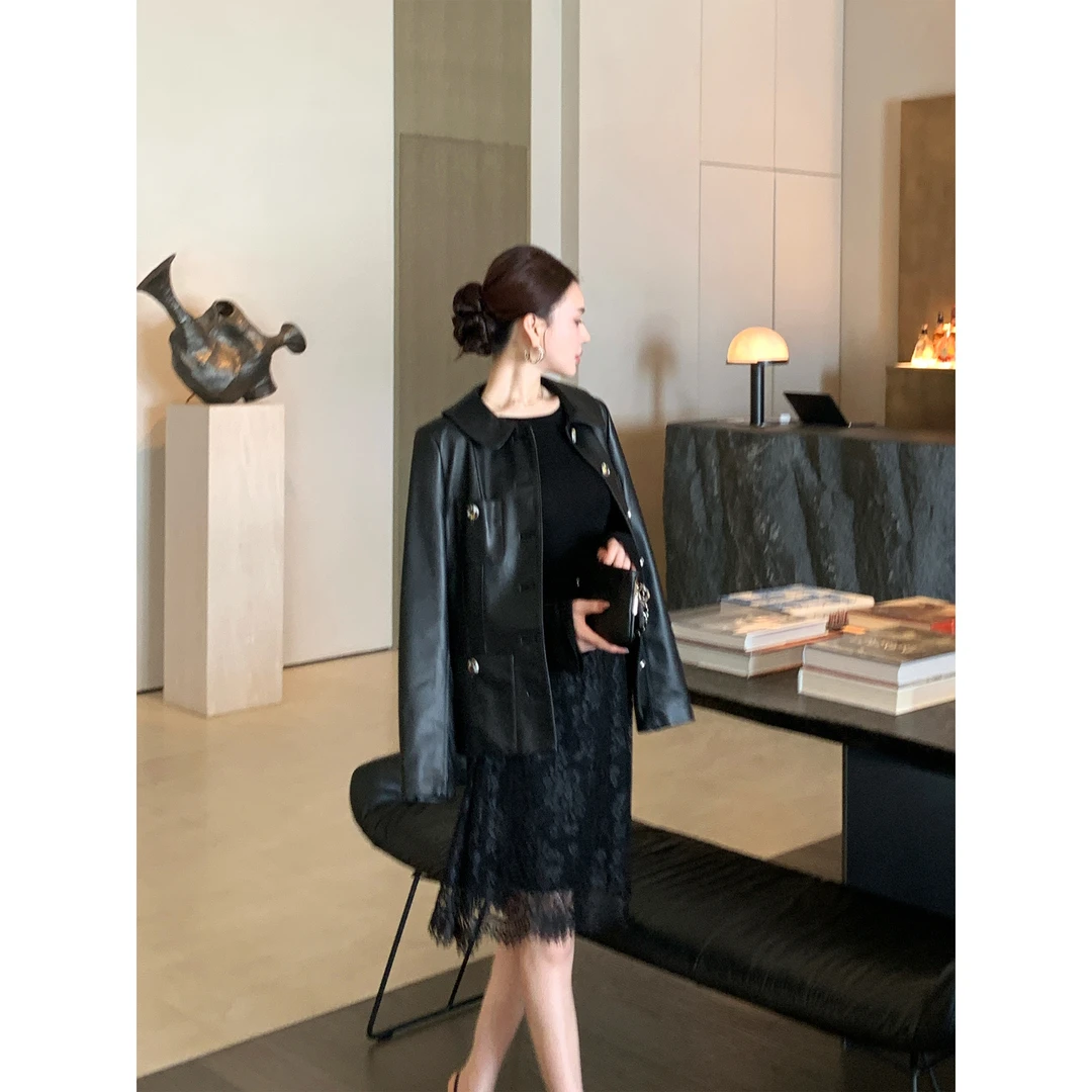 冯薪颖 【可可小姐】秋季小香风修身气质皮衣外套 Q507127