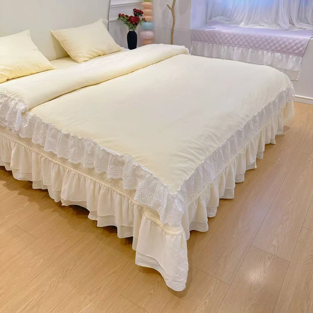 A类全棉双层纱夹棉床盖床裙韩系大花边水洗四件套
