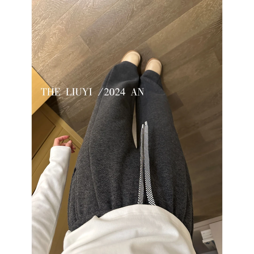 【LIUYI】人字纹羊毛混纺裤~冬季加绒保暖直筒休闲裤410098