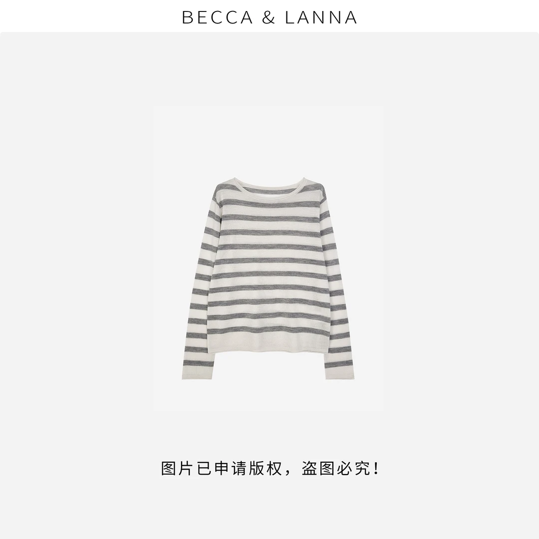 D0231 女士春季休闲卷边宽条纹羊毛长袖针织衫 女装