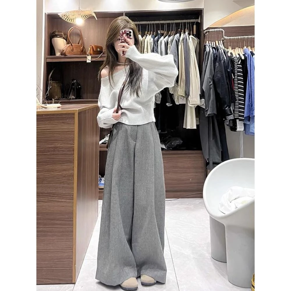 大码胖MM灰色加厚裤子女秋冬宽松bf慵懒风拖地休闲高腰阔腿长裤