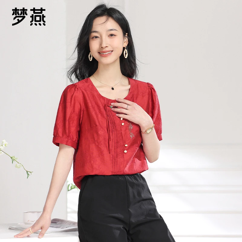 梦燕夏季女士新中式气质时尚经典小衫宽松上衣国风短袖BA03B5005
