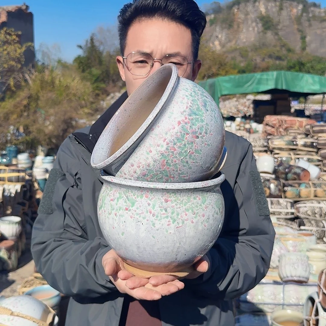 紫砂花盆口20高17（两个脚脚白色