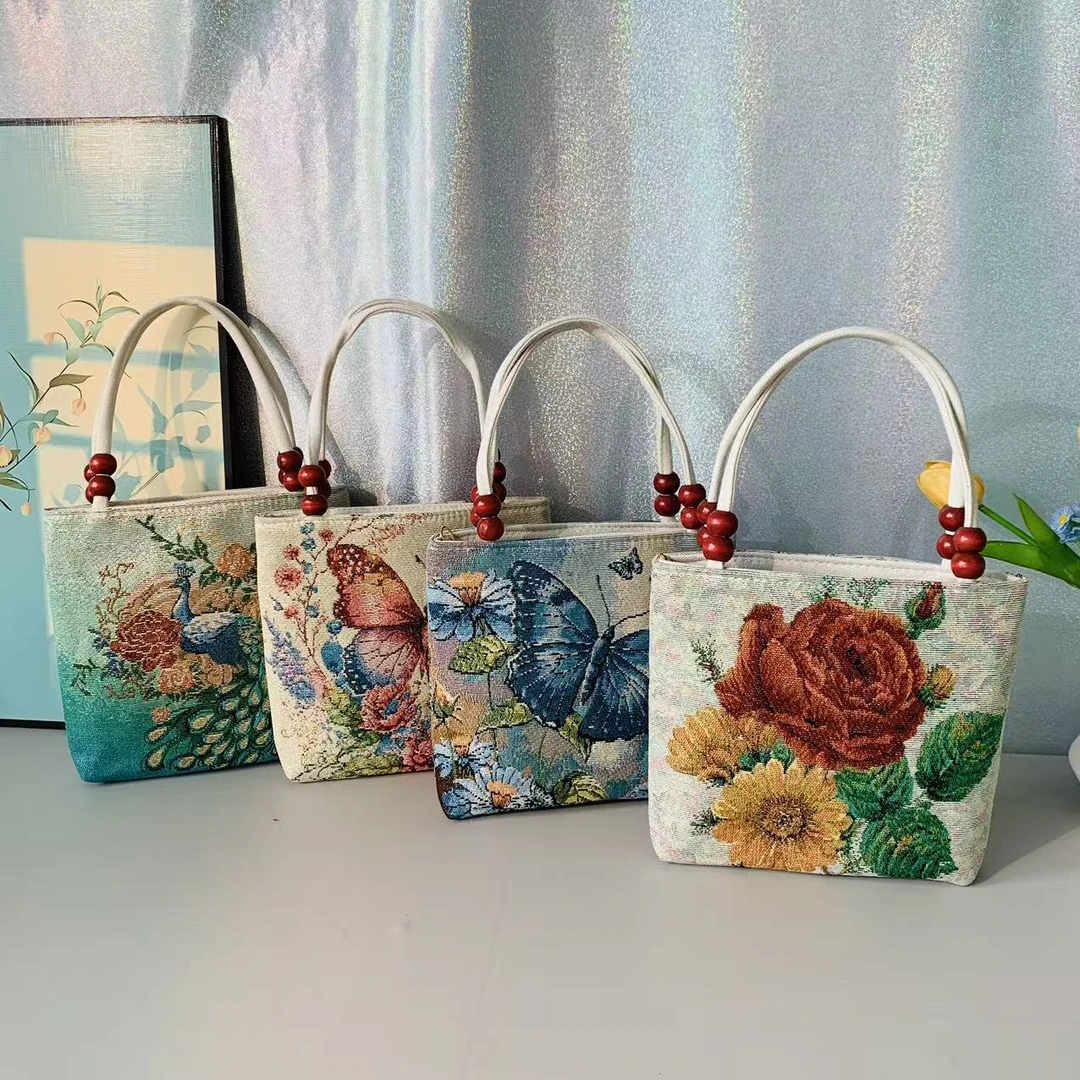 小号民族风刺绣拉链手提包复古休闲中国风帆布串珠手机包手拎包