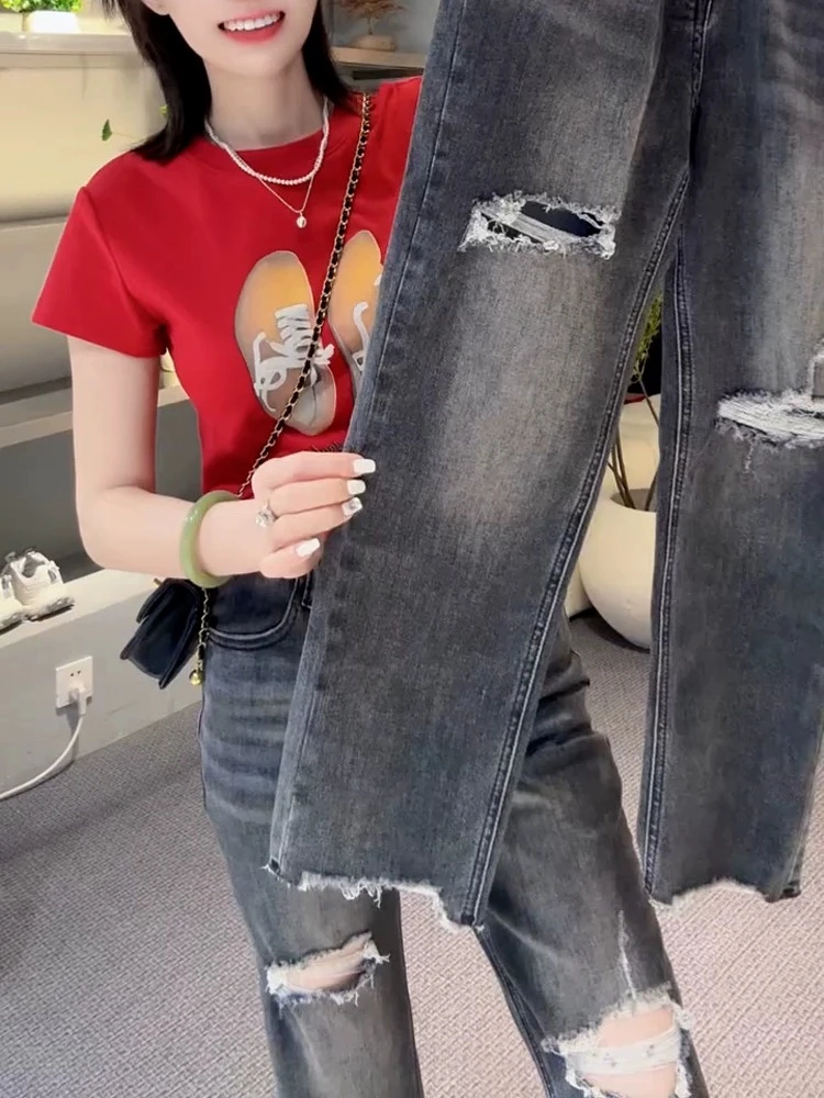 灰色破洞直筒牛仔裤女夏薄款大码胖mm高腰宽松显瘦毛边九分烟管裤