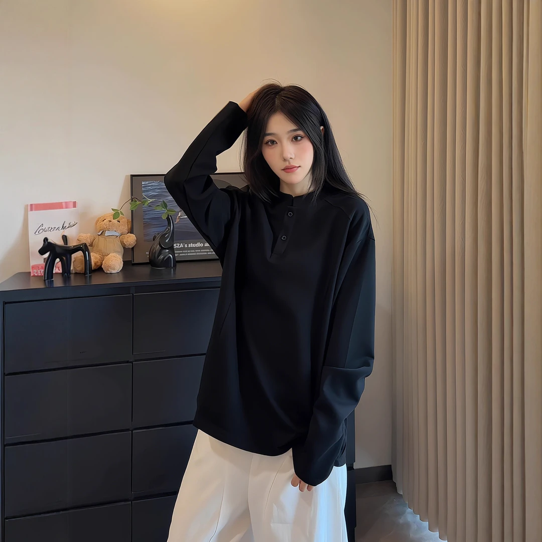 亨利领美式polo衫卫衣男女款秋季正肩休闲t恤重磅黑色内搭打底衫