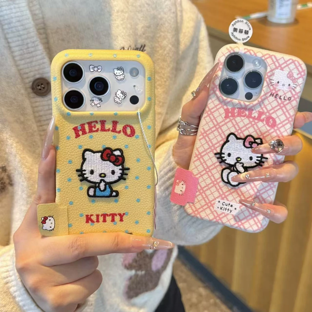秋冬刺绣kitty标签适用苹果17手机壳vivo华为P70小米17oppo女款套