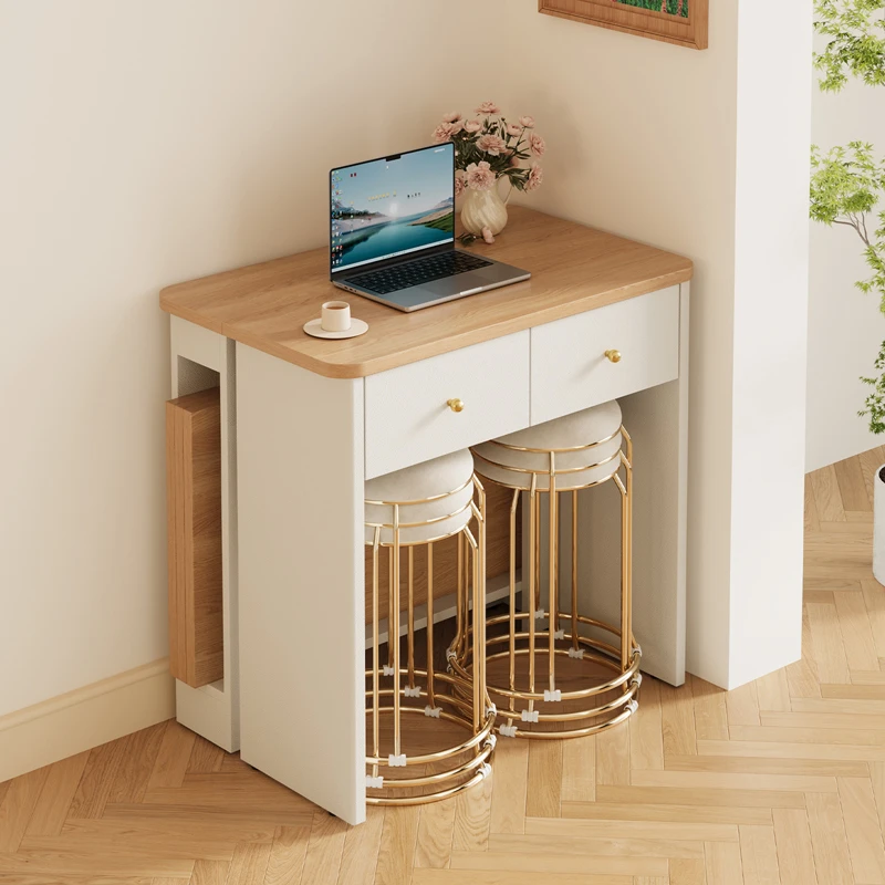 奶油风折叠餐桌家用小户型简约实木饭桌餐桌椅组合伸缩餐桌长方形