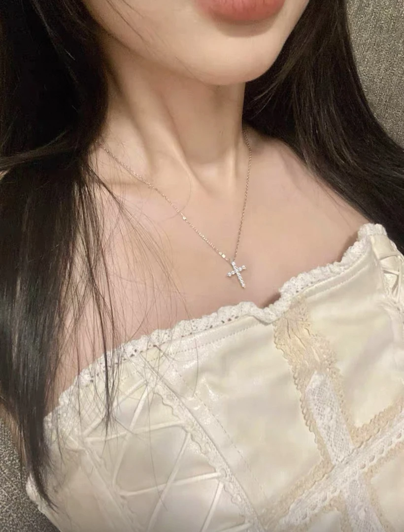 链子925银锆石 韩国东大门925银十字架锆石项链