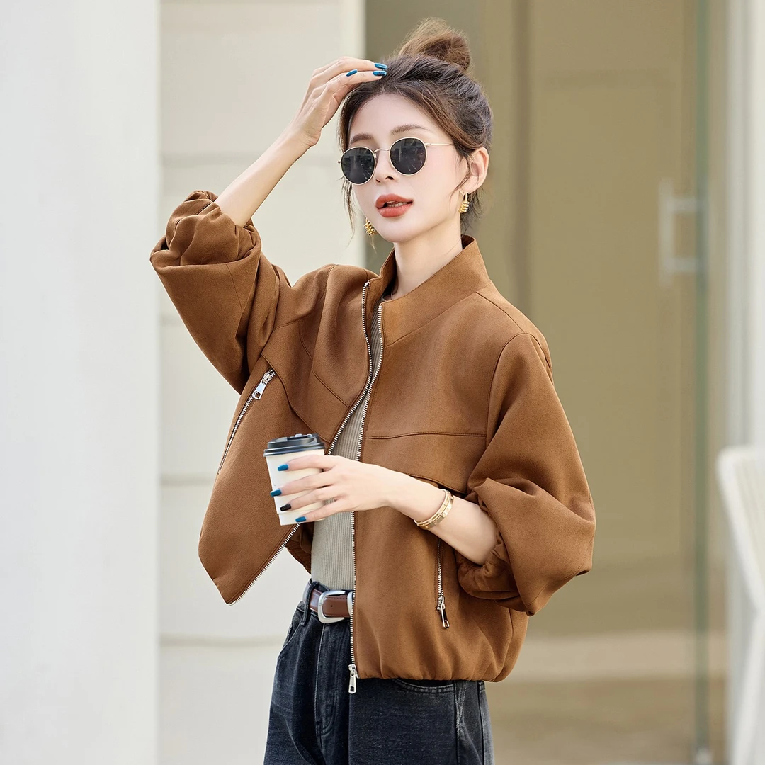 麂皮绒休闲夹克女2025年秋新款韩系时髦洋气灯笼袖百搭短款上衣