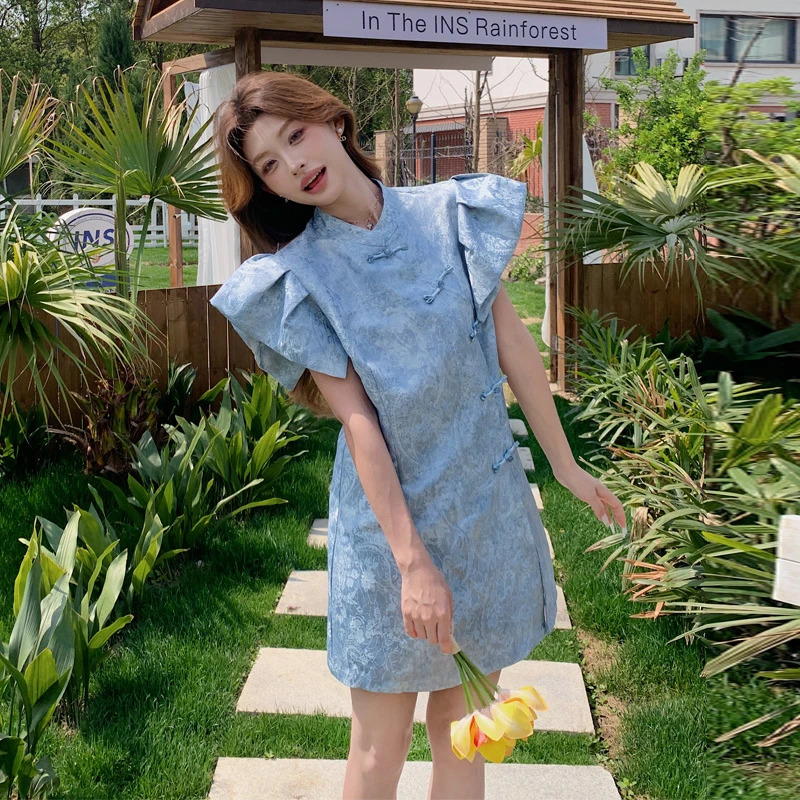 新中式连衣裙短裤套装女2025夏季新款高级氛围感显瘦飞飞袖两件套