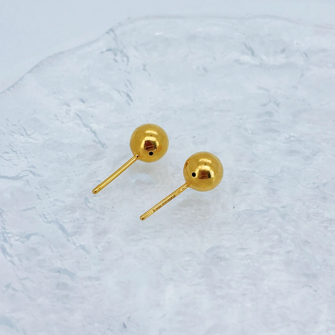 卡8 小灯泡耳钉 足金999黄金简约亮面金珠直针耳钉-