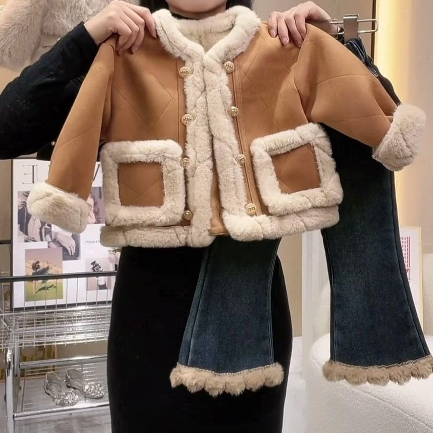 童泰【断码】女童秋冬装套装2025新款女宝宝冬季洋气加厚外套加绒牛