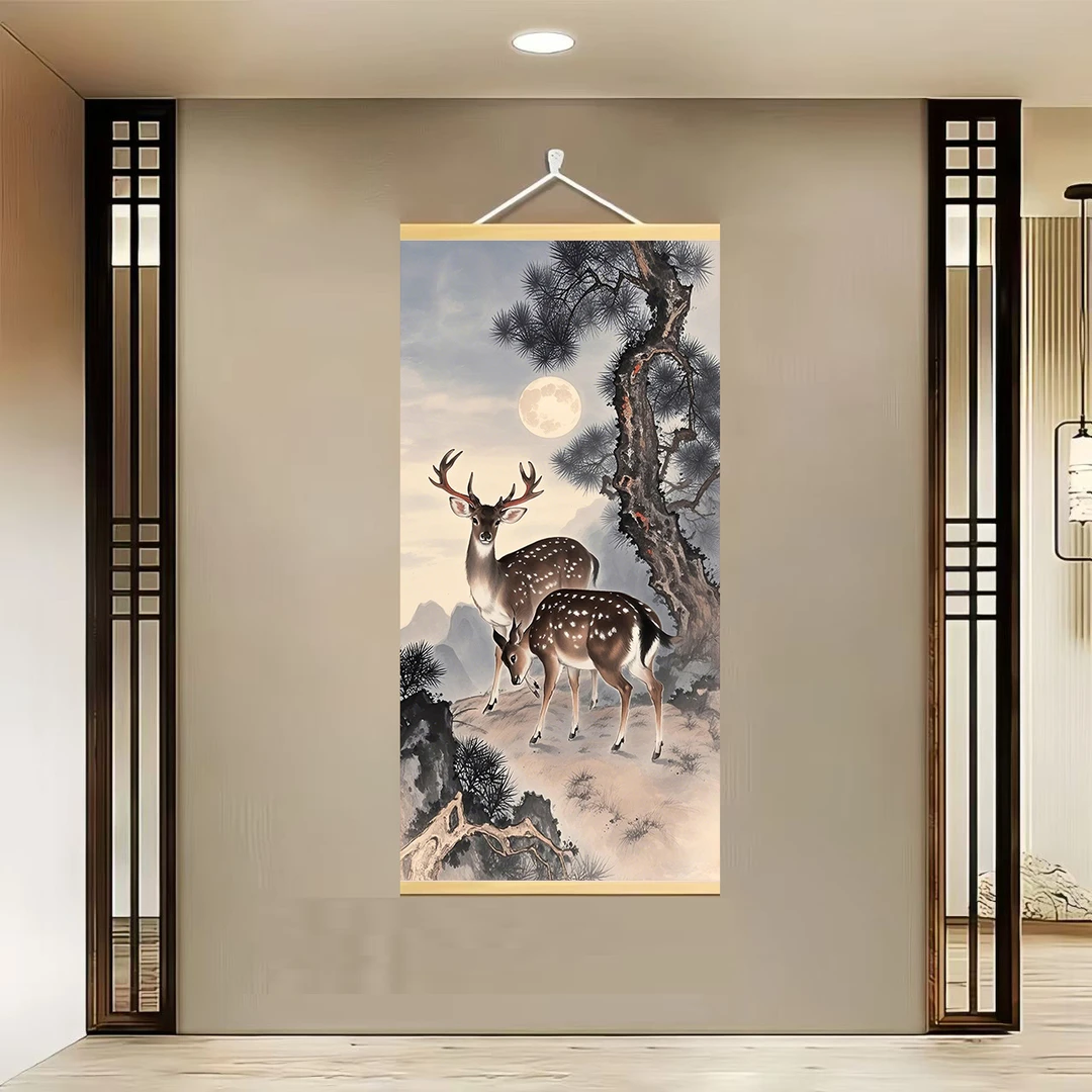 {738双鹿图}50x100现代简约挂轴装饰画办公室家居装饰画