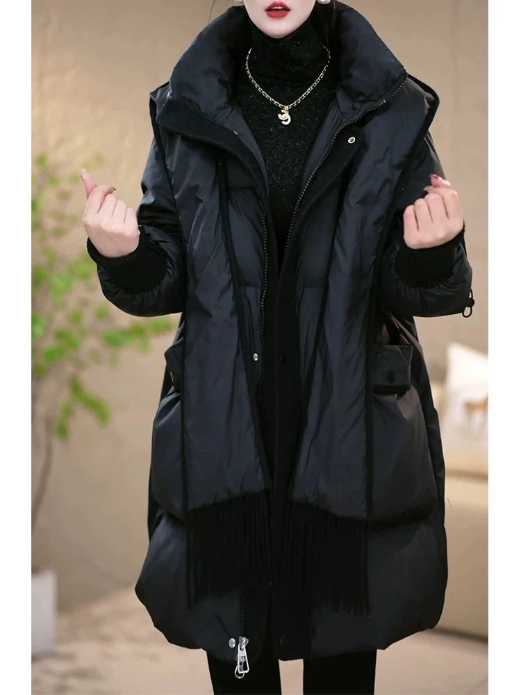 可脱卸帽女中长款宽松保暖休闲百搭黑色冬装棉服加厚0197