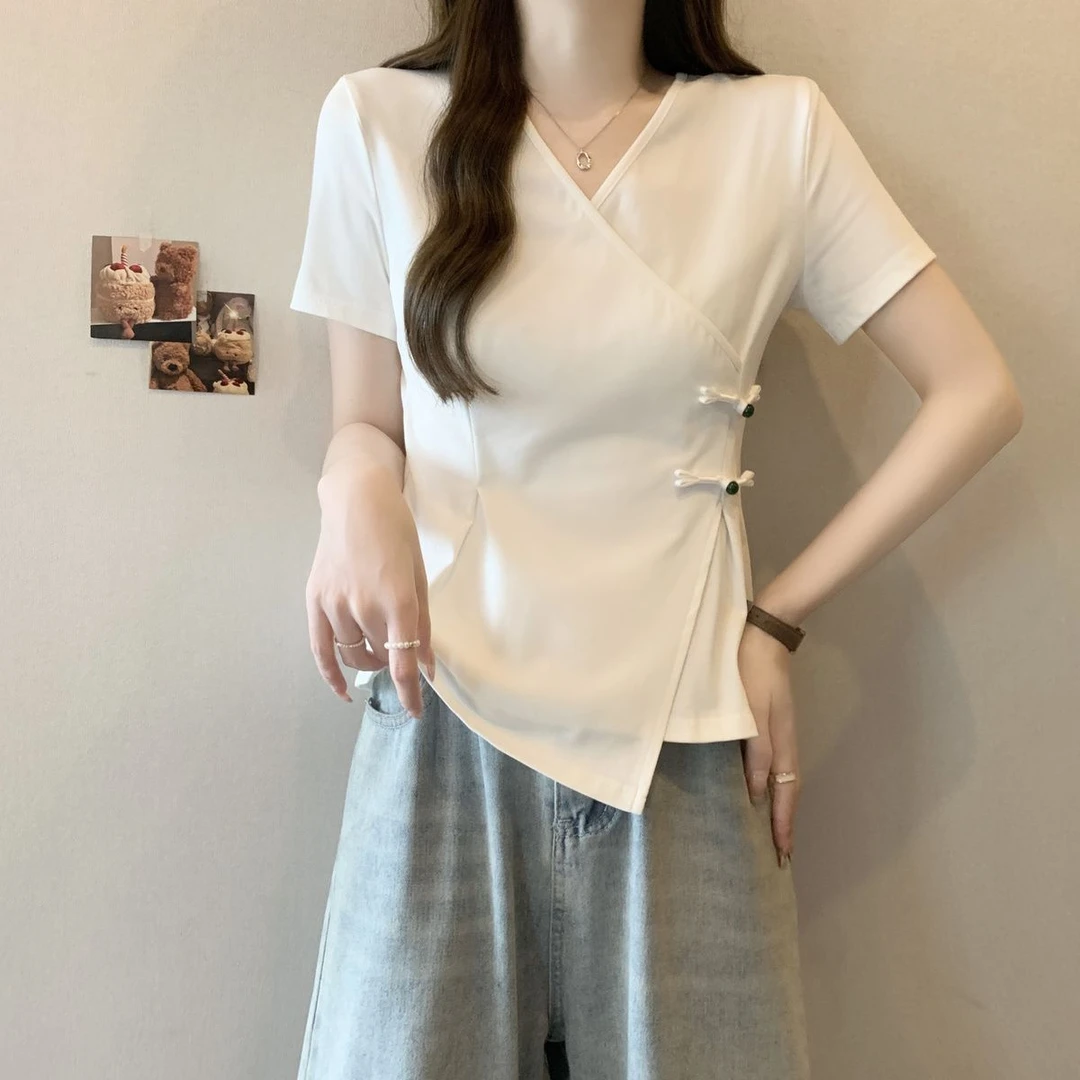 大码中式不规则盘扣短袖t恤女夏季2025新款胖mm修身显瘦遮肉上衣