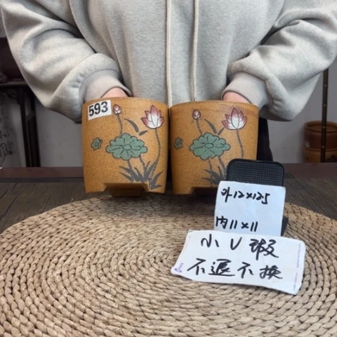 紫砂花盆微瑕柴烧手绘直筒两只593