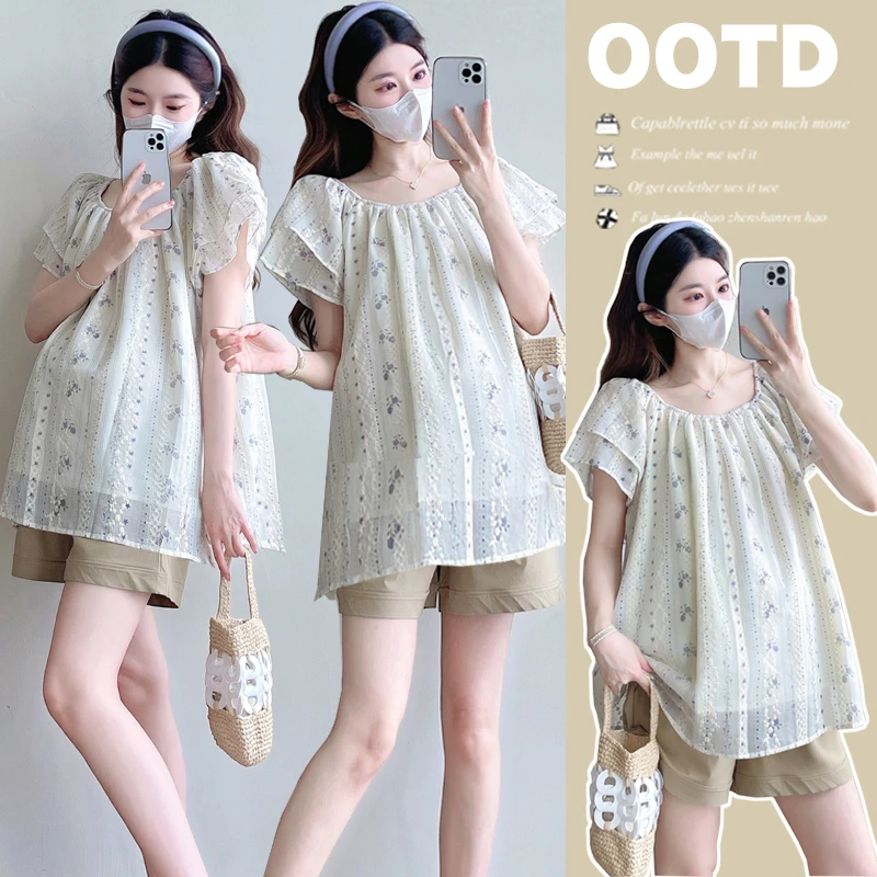 孕妇装夏季薄款韩版刺绣短袖衬衫上衣时尚百搭休闲外穿碎花娃娃衫