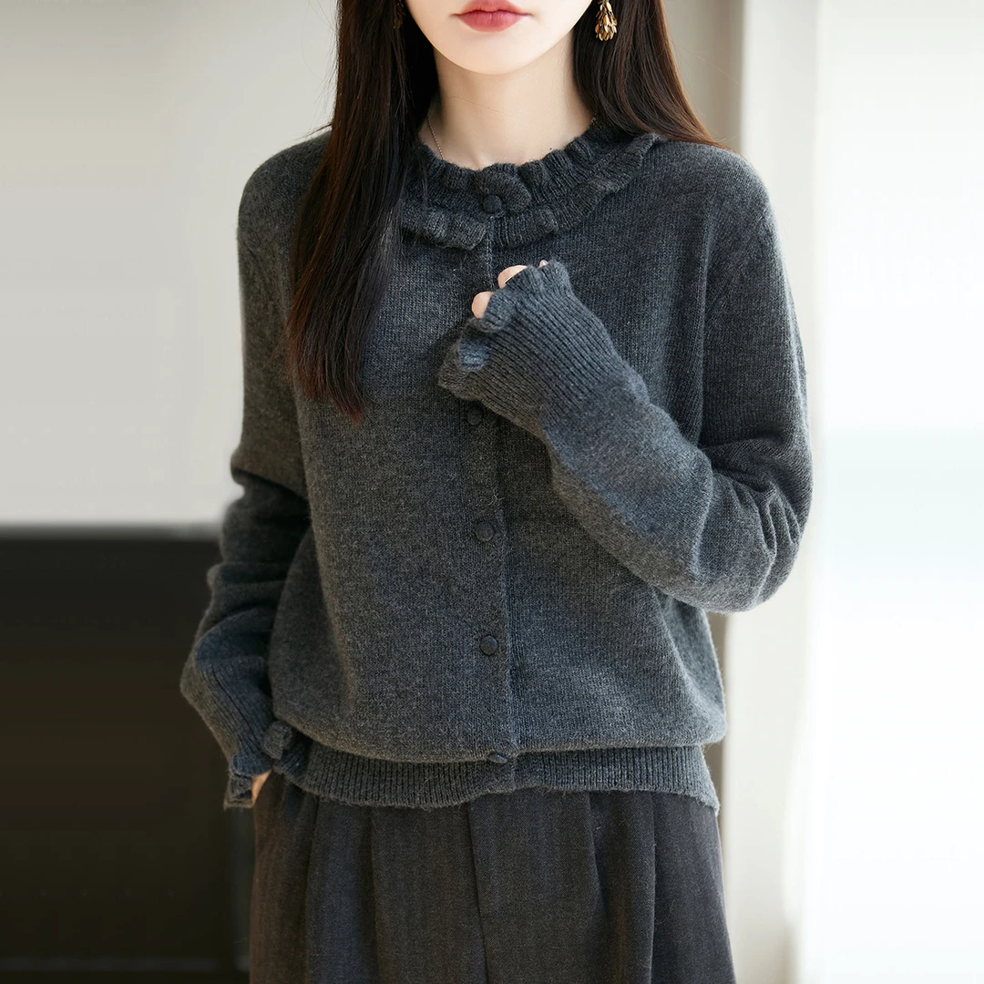 纯色花边圆领羊毛开衫外套女秋冬新款短款百搭洋气显瘦外搭毛衣